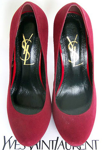 YSL platform suede high heel pump wine-red