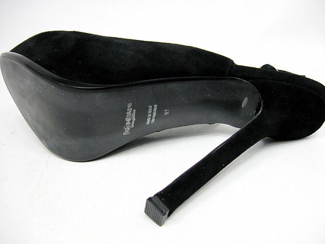 YSL round toe suede slingback high heel pumps black