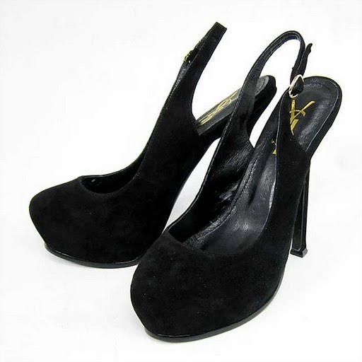 YSL round toe suede slingback high heel pumps black