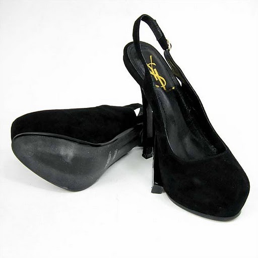 YSL round toe suede slingback high heel pumps black