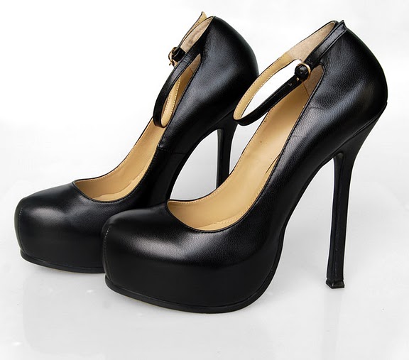YSL sheepskin ankle strap high heel pumps black