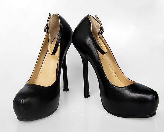 YSL sheepskin ankle strap high heel pumps black