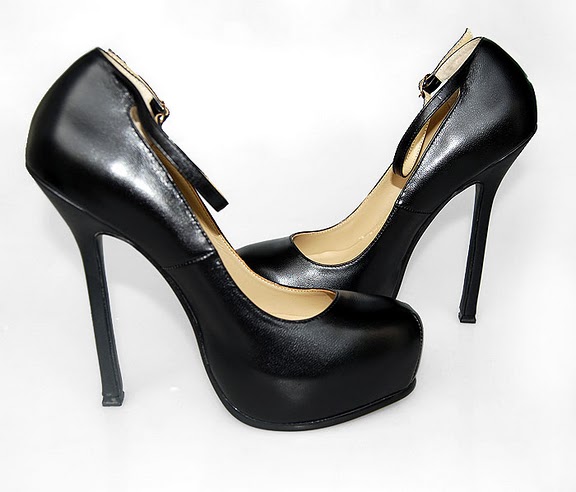 YSL sheepskin ankle strap high heel pumps black