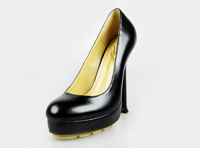 YSL sheepskin platform high heel pumps black
