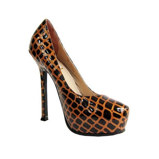 YSL stone veins patent round toe high heel pumps borwn