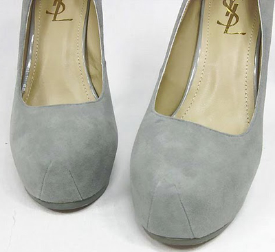 YSL suede round toe high heel pumps grey