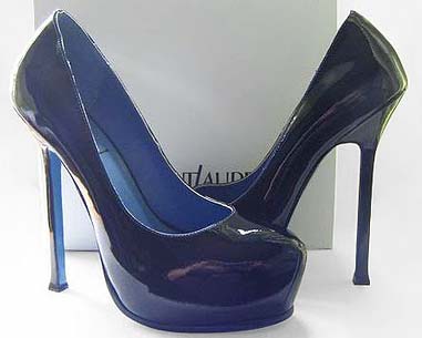 YSL varnish leather round toe pumps blue